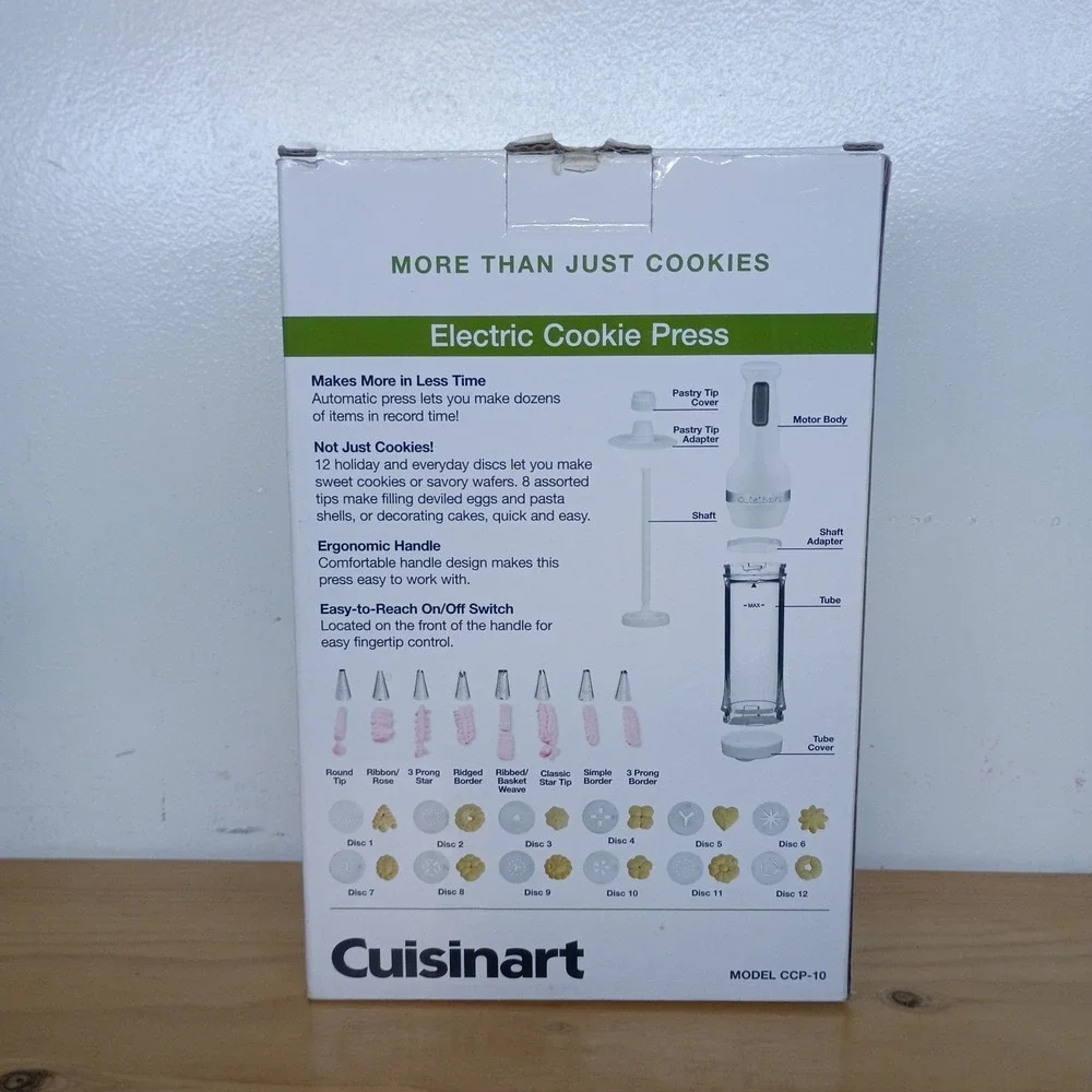 Cuisinart Model CCP-10 White Electric Cookie Press 12 Discs 8 pastry tips.